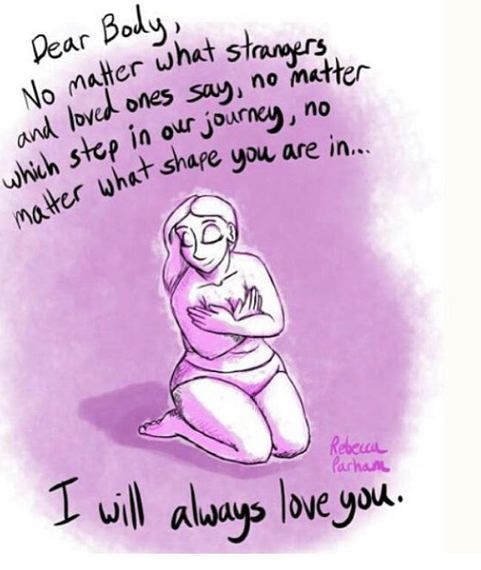 A drawing of a woman sitting and hugging herself speaking kind words to her body