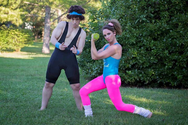 Tennille and Adam Melcher wearing 80s jazzercize outfits and wigs posing for workout photo