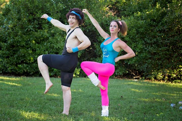 Tennille and Adam Melcher wearing 80s jazzercize outfits and wigs posing for workout photo