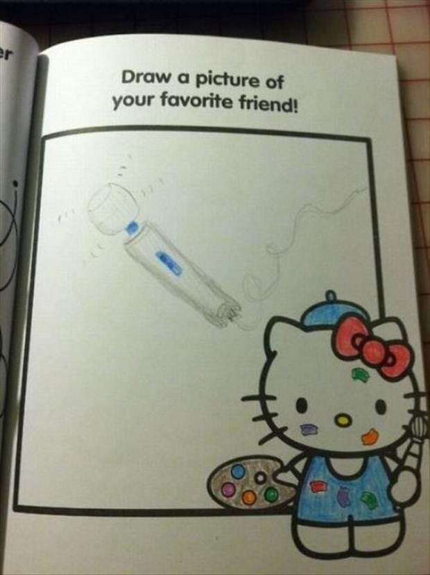 A kids drawing of Hello Kitty holding a magic wand vibrator