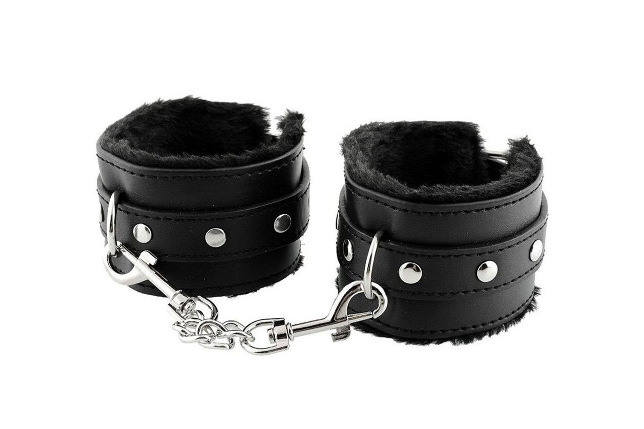 Black leather and fur handcuffs