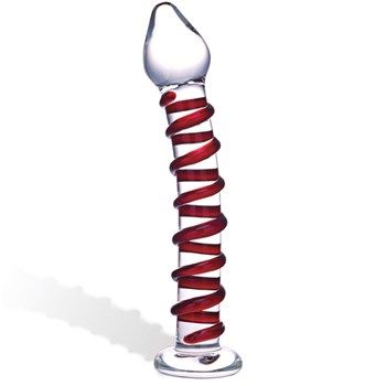 Clear glass dildo with red blown glass swirls around it